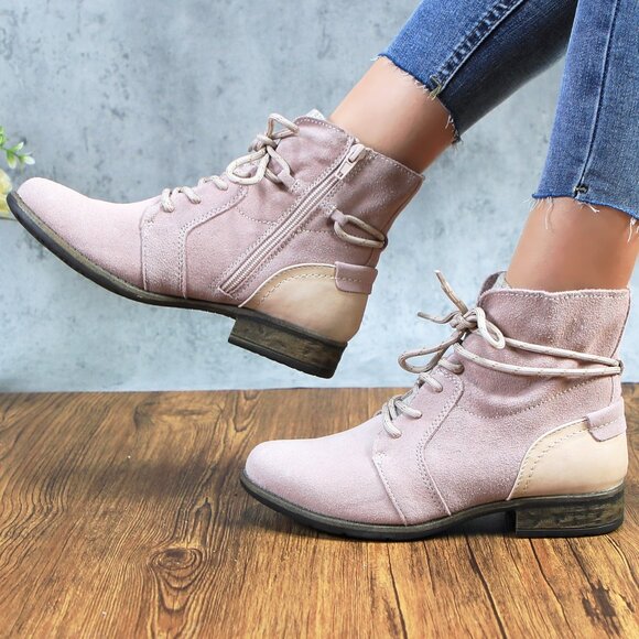 Women's Dusty Pink Genuine Leather Suede Ankle Lace Bootie with Side Zipper - Picture 5 of 9